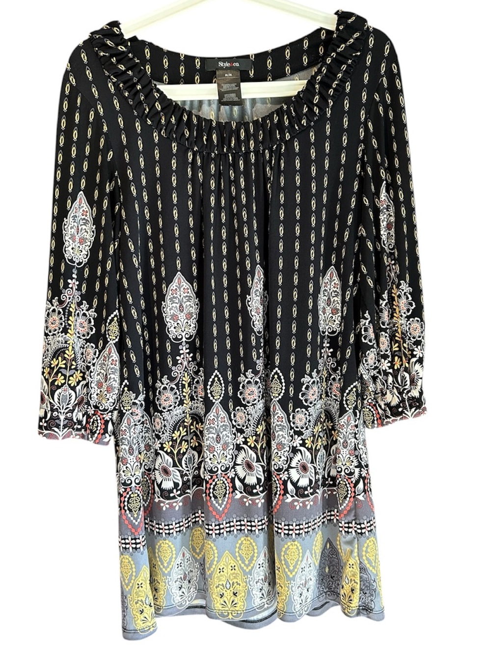 Style & Co. Black Paisley Border-Print Tunic with Yellow Accent